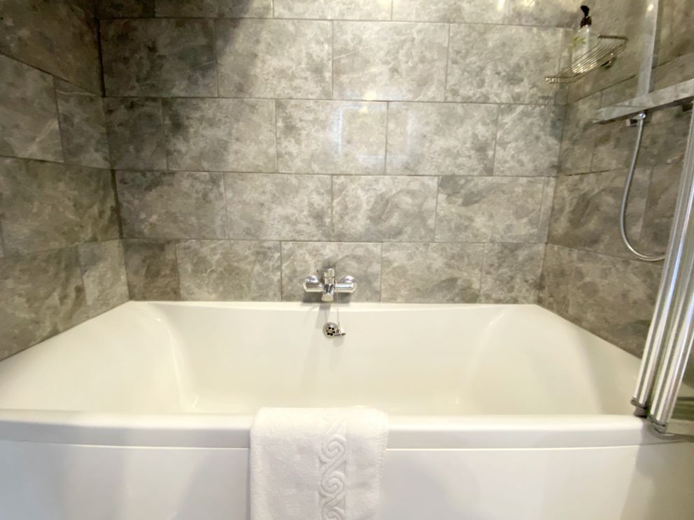 Meadfoot Bay Apartment - bathroom with bath and shower over.