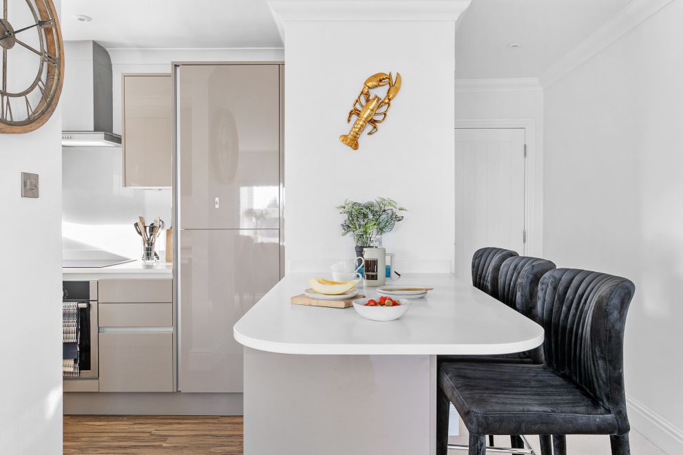 The breakfast bar in the chic kitchen area - Sea View Suite, The Corbyn Apartments, Torquay.